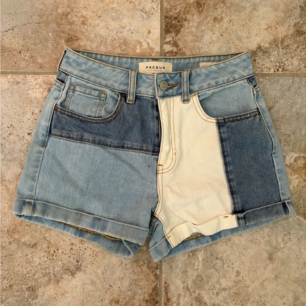 PACSUN Hopper Patch Denim Mom Shorts Color Block High Rise Cuffed XS Size 24